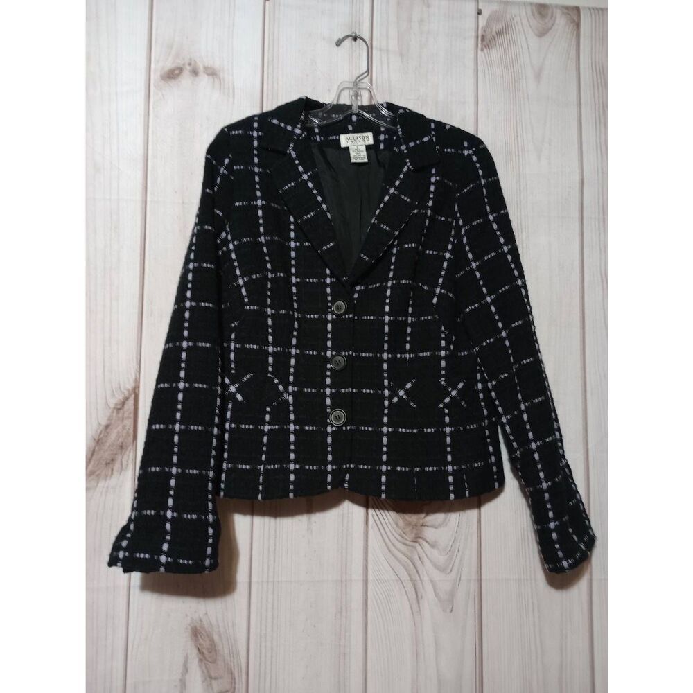 Allison Taylor Womens Black White Grid Plaid Blazer Jacket Size 8 RN109881